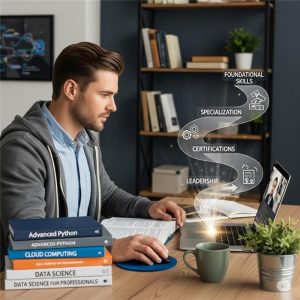 IT professional studying online with books, laptop, and a roadmap graphic illustrating an upskilling journey 