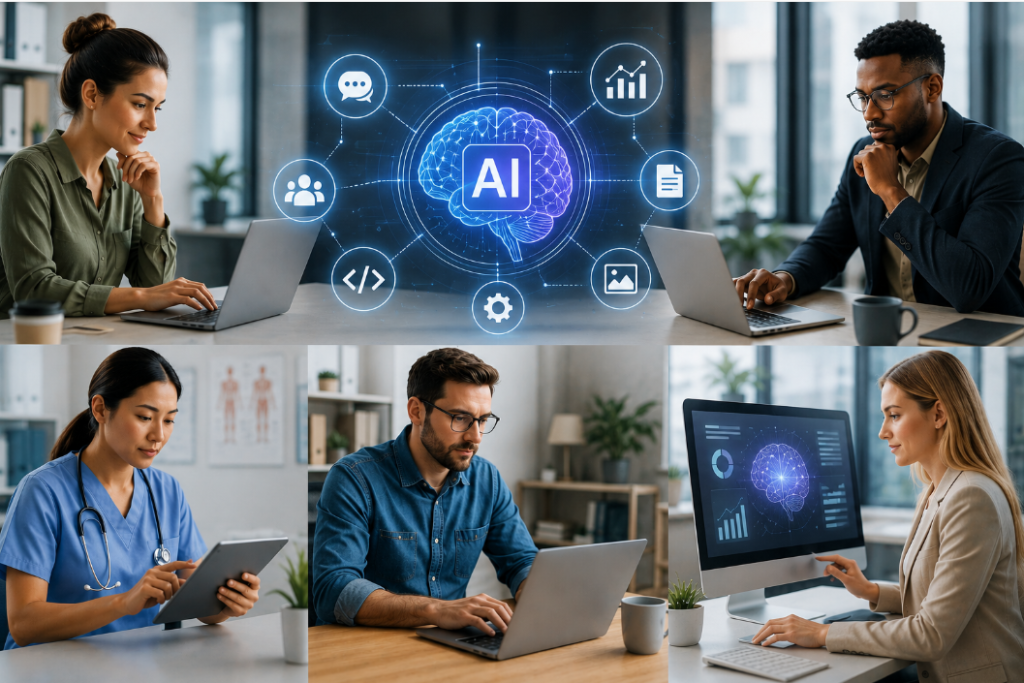 Professionals across different industries using AI tools in the workplace